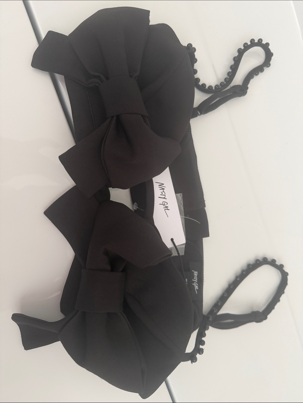 Nasty Gal Black Bow Bikini Top with Beaded Straps